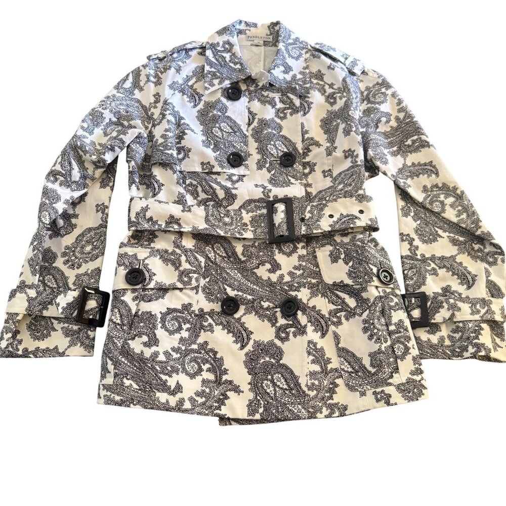 Pendleton Women's Black White Paisley Button Jacket 100% Cotton Pockets, Size 14
